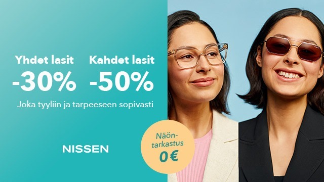 Kahdet lasit -50%, yhdet -30% Nissen